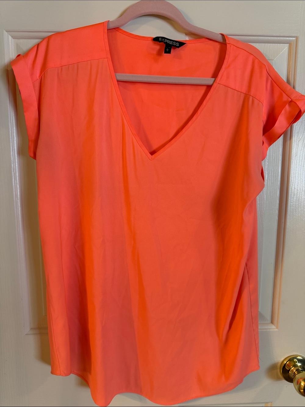 Express Women's Neon Coral V-Neck Short Sleeve Top